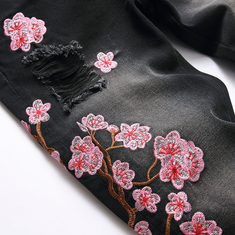 Mens Fashion Jeans Pink cherry blossom embroidered wide-leg pants 5710#