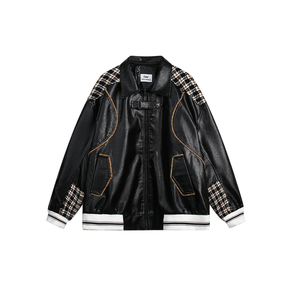Unisex Jacket Retro Patchwork Plaid Motorcycle Jacket PU Leather Jacket