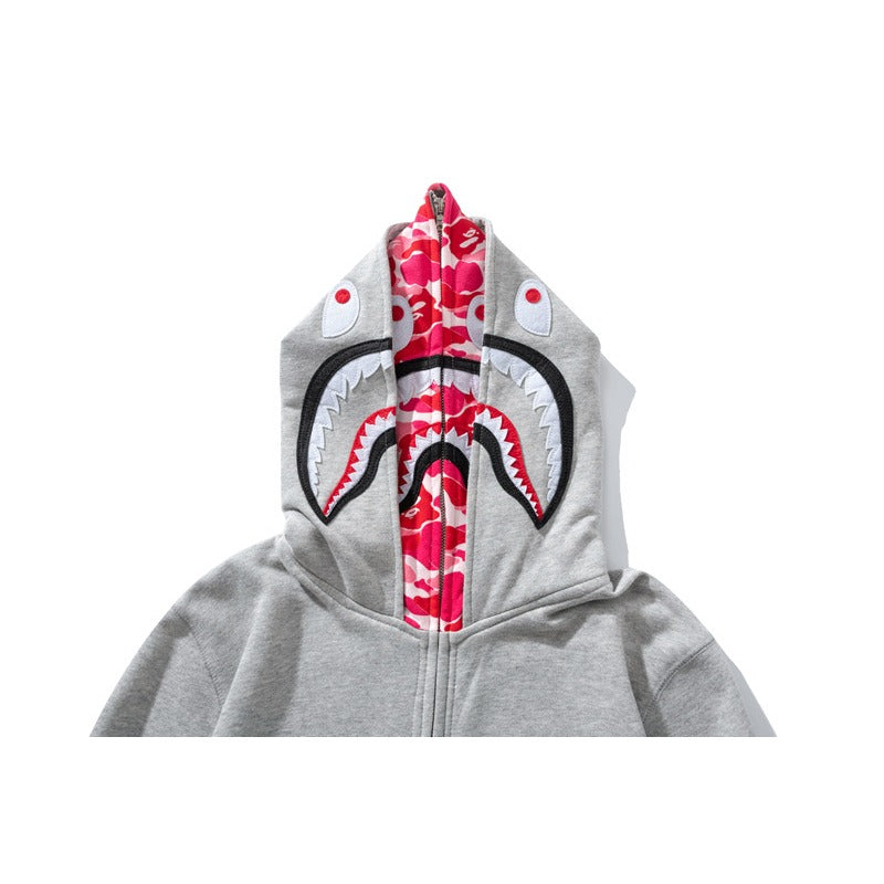 Bathing Ape Hoodie Grey Pink Double Hood Cardigan Zip Hooded Fleece Shark
