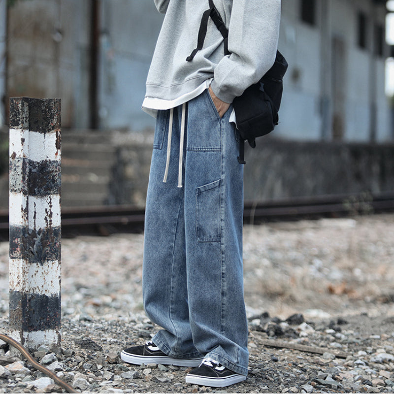 Men Jeans Retro Workwear Jeans Straight Loose plus Size Autumn and Winter Wide-Leg Pants
