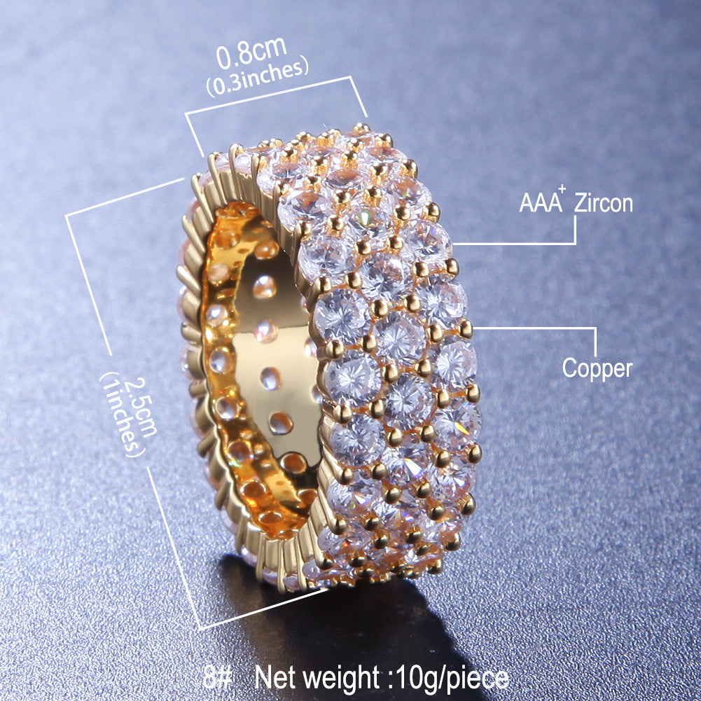 Rings Hip Hop Diamond Set 3-Row Zircon Ring BlingBling Spectrum St. Valentine's