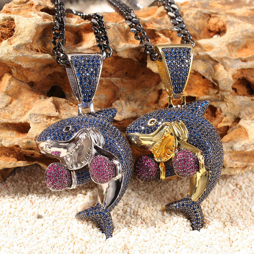 Jewelry Hip Hop Boxing Shark Zircon Pendant Necklace Animal Spectrum Armament