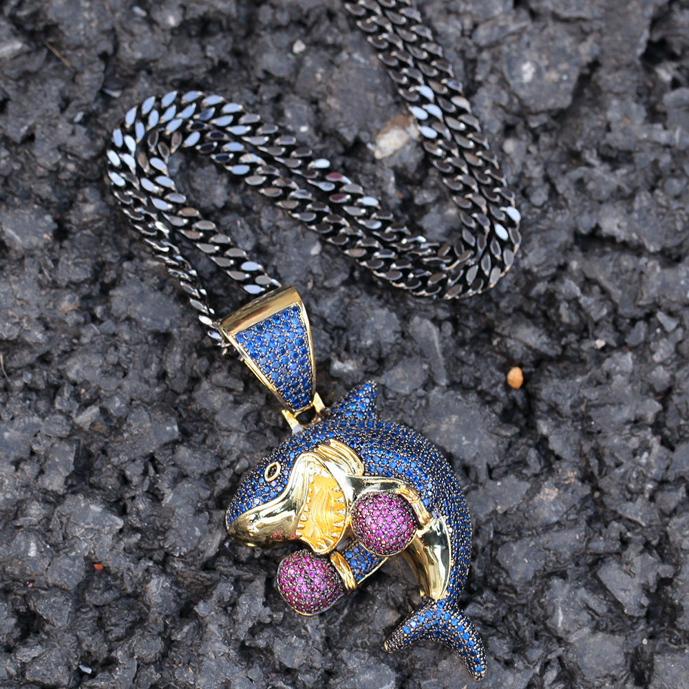 Jewelry Hip Hop Boxing Shark Zircon Pendant Necklace Animal Spectrum Armament