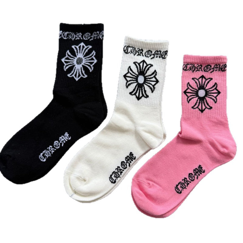 Chrome Hearts Socks Medium Tall Striped Letter Red Lip Embroidery