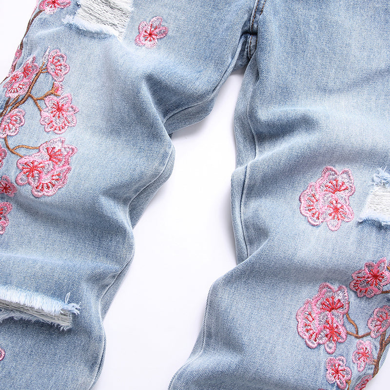 Mens Fashion Jeans Pink cherry blossom embroidered wide-leg pants 5711#