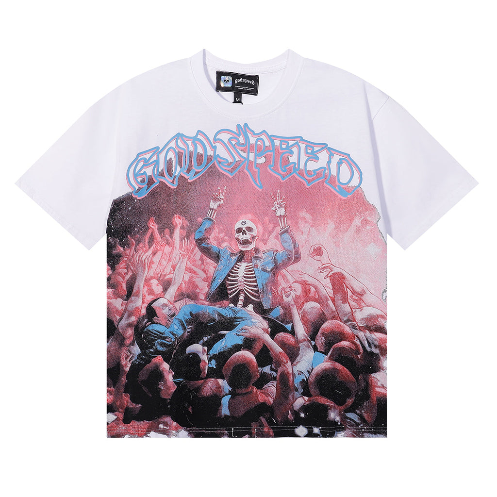 Godspeed T Shirts Skeletons Crowd Printed Cotton Casual Short Sleeves Men and Women
