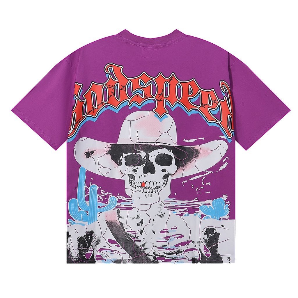 Godspeed T Shirts Great Western Skull Denim Cactus Print Cotton Casual Short Sleeve Men and Women
