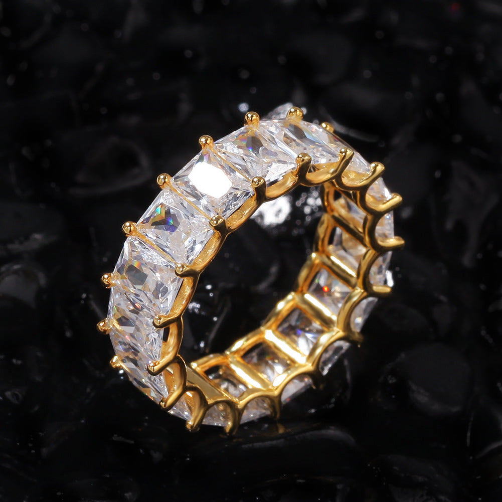 Rings 925 Silver Zircon Zirconium Square Gold Plated Hip Hop Ring Royalty Spectrum