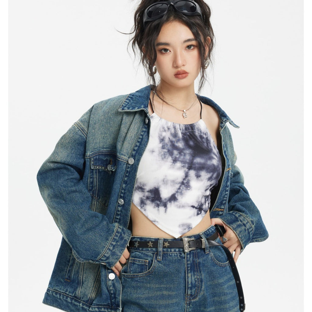 Unisex Jacket Vintage Worn Looking Washed-out Denim Jacket Loose Denim Jacket
