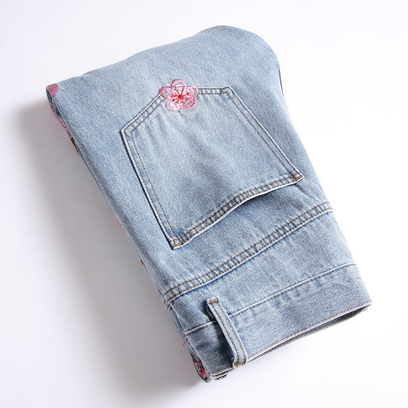 Mens Fashion Jeans Pink cherry blossom embroidered wide-leg pants 5711#