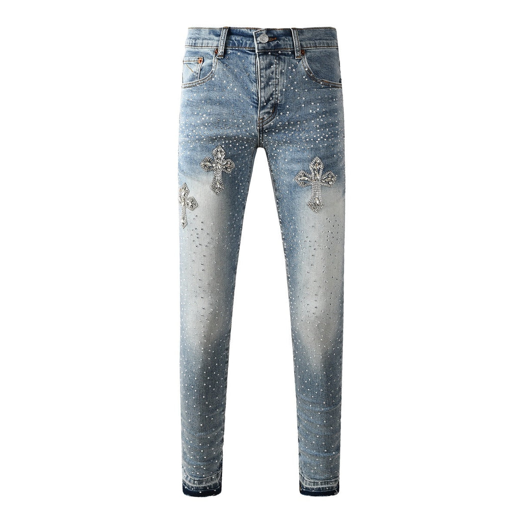 Mens trendy purple jeans, 100% cotton Jeans Rhinestones #9132
