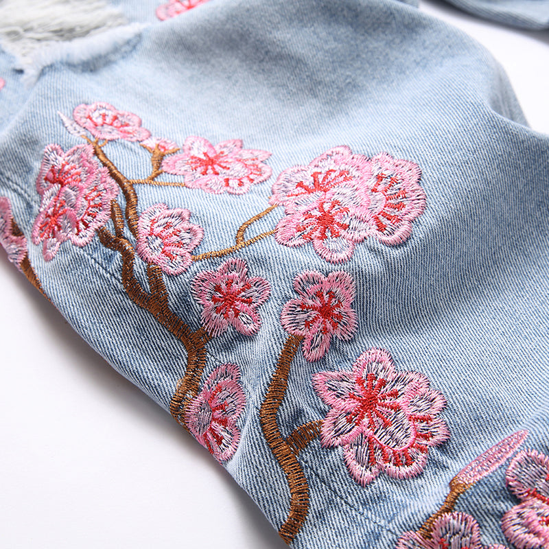 Mens Fashion Jeans Pink cherry blossom embroidered wide-leg pants 5711#