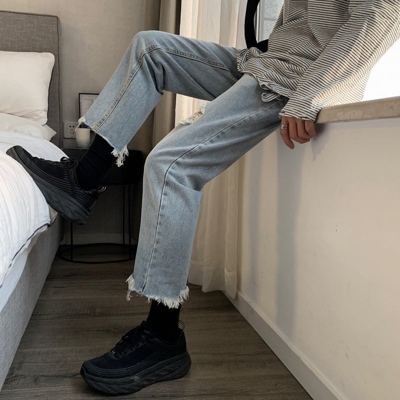 Men Jeans Spring and Summer Men's Ripped Jeans Wide-Leg Straight Pants
