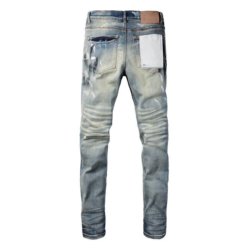 Mens trendy purple jeans, 100% cotton High Street Distressed