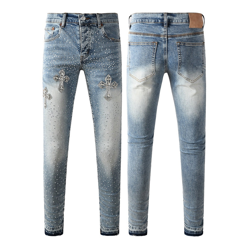 Mens trendy purple jeans, 100% cotton Jeans Rhinestones #9132