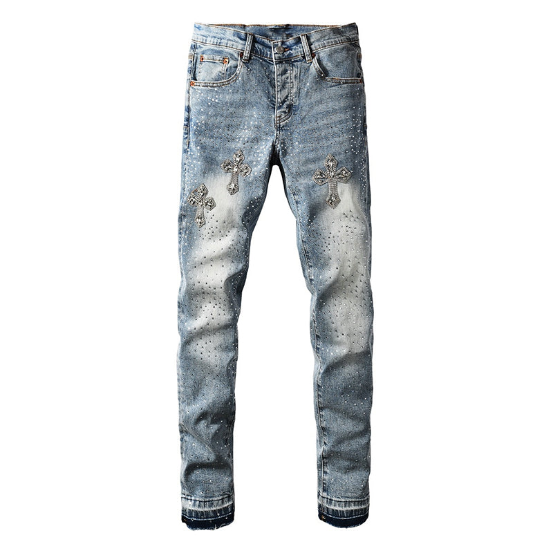 Mens trendy purple jeans, 100% cotton Rhinestones #9132