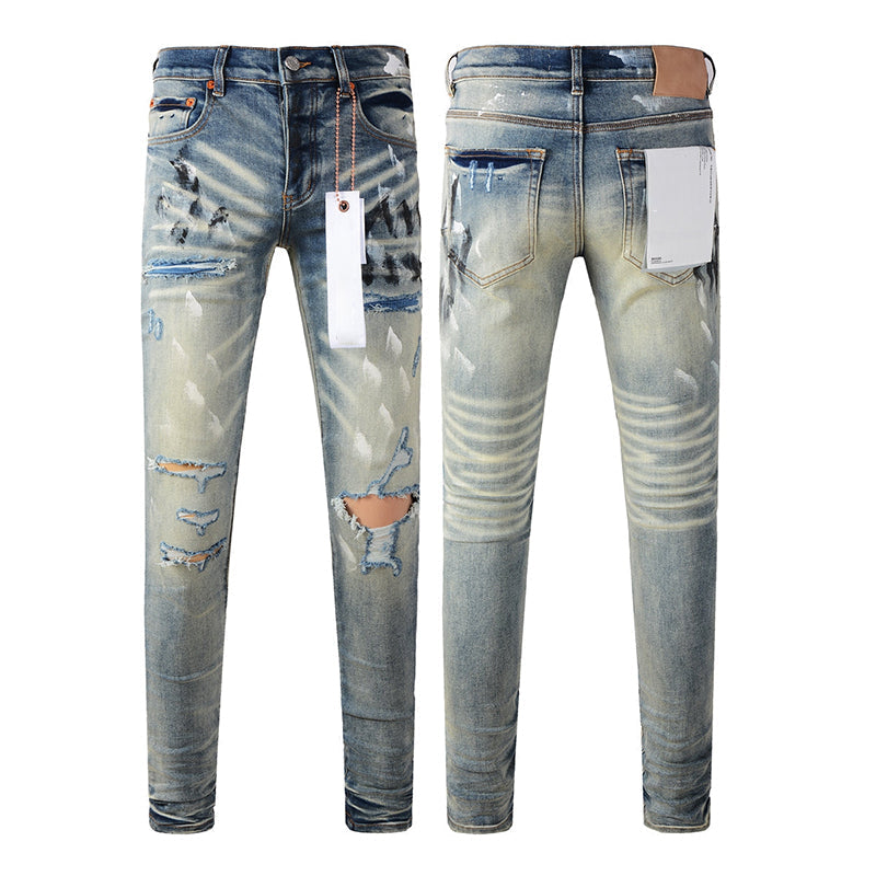 Mens trendy purple jeans, 100% cotton High Street Distressed