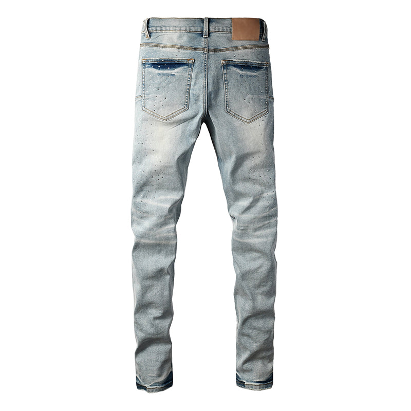 Mens trendy purple jeans, 100% cotton High Street Distressed