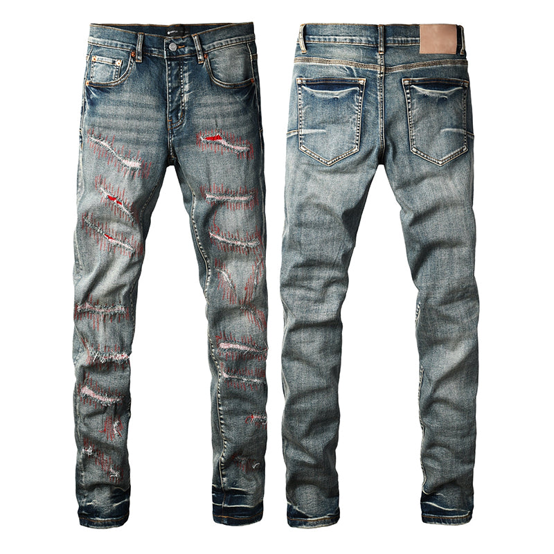 Mens trendy purple jeans, 100% cotton High Street Distressed