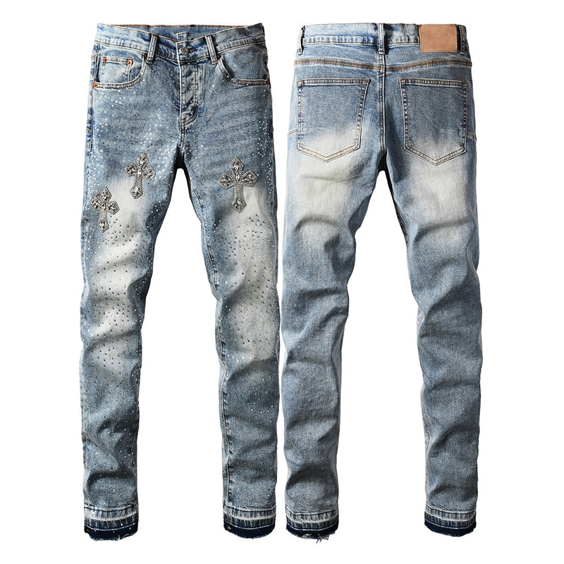 Mens trendy purple jeans, 100% cotton Rhinestones #9132
