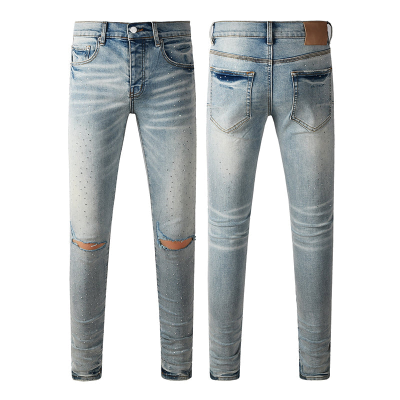 Mens trendy purple jeans, 100% cotton High Street Distressed