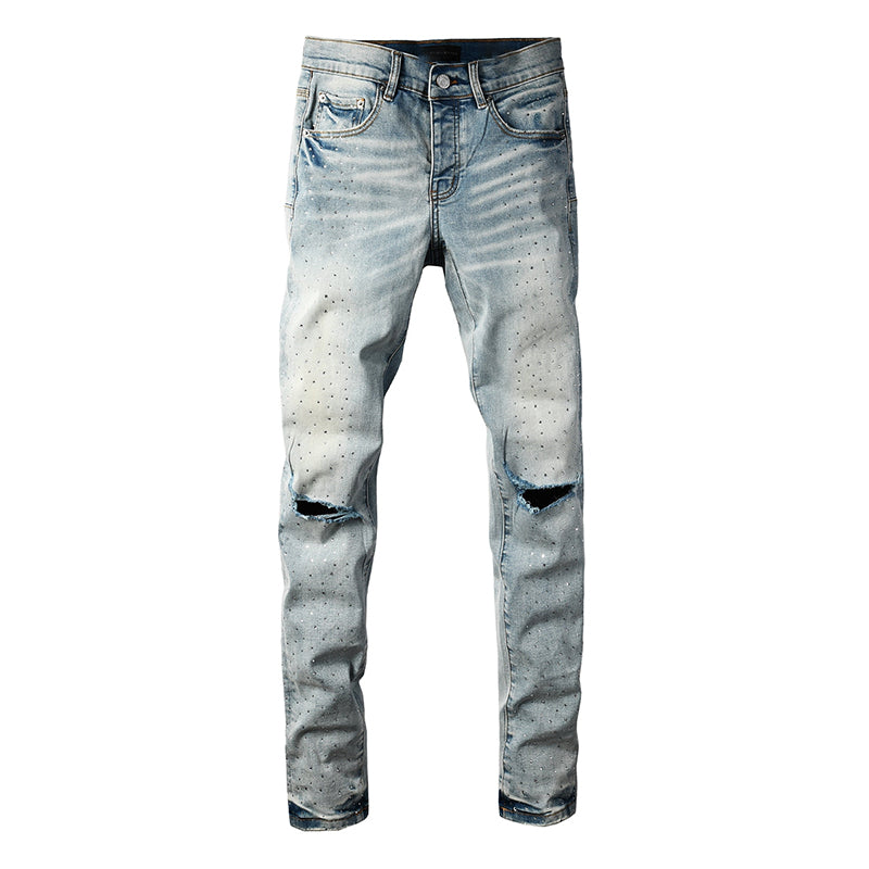Mens trendy purple jeans, 100% cotton High Street Distressed