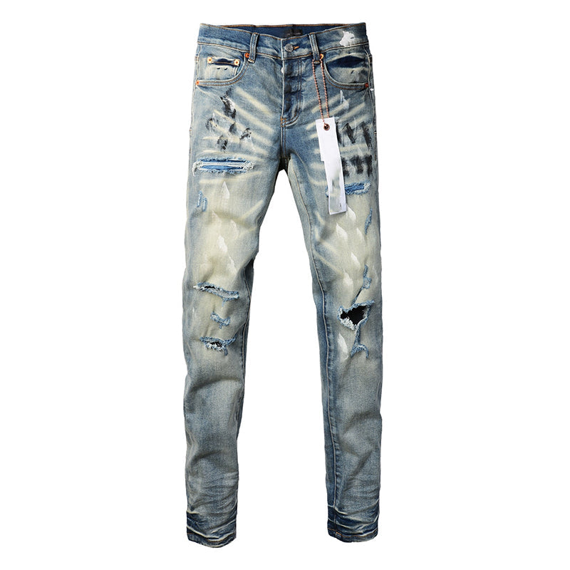 Mens trendy purple jeans, 100% cotton High Street Distressed