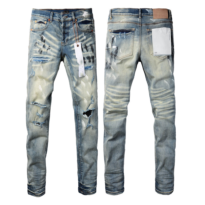 Mens trendy purple jeans, 100% cotton High Street Distressed