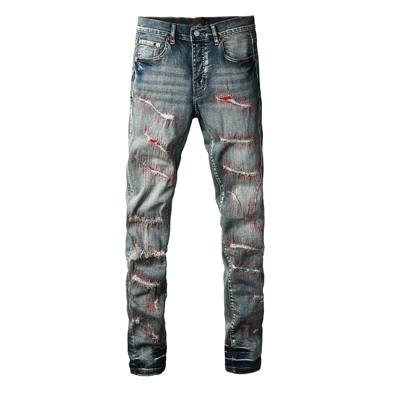 Mens trendy purple jeans, 100% cotton High Street Distressed