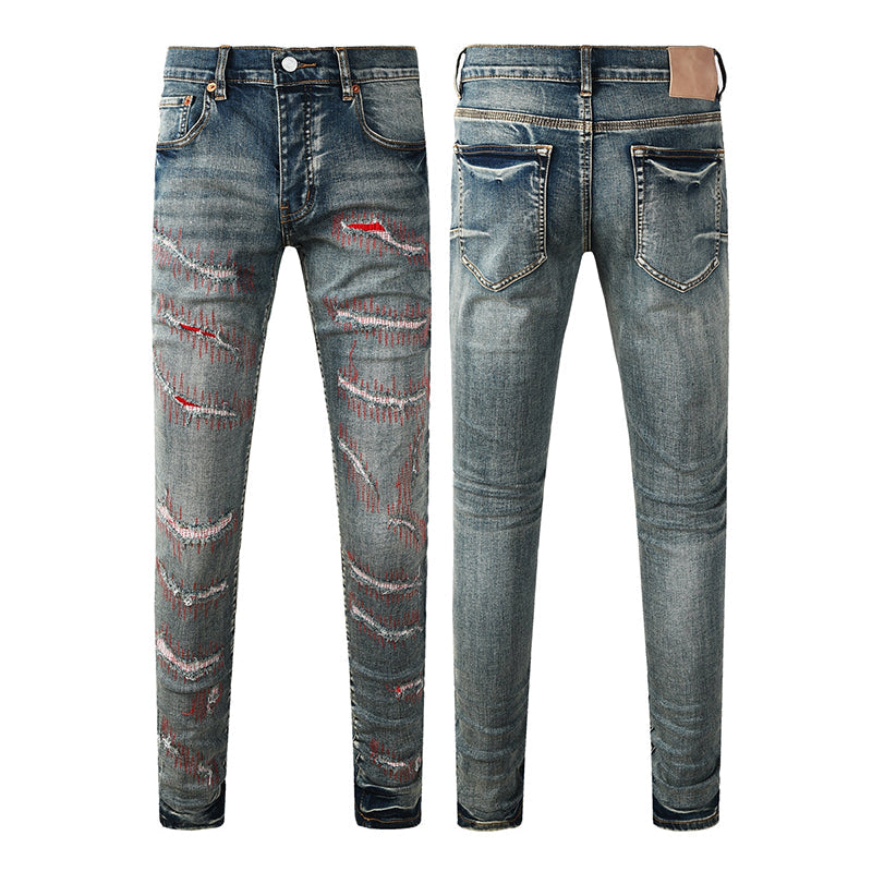 Mens trendy purple jeans, 100% cotton High Street Distressed