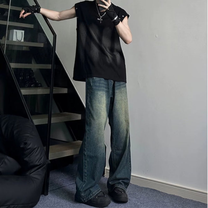 Men Jeans Dark Blue Vintage Jeans Straight Wide Leg Pants