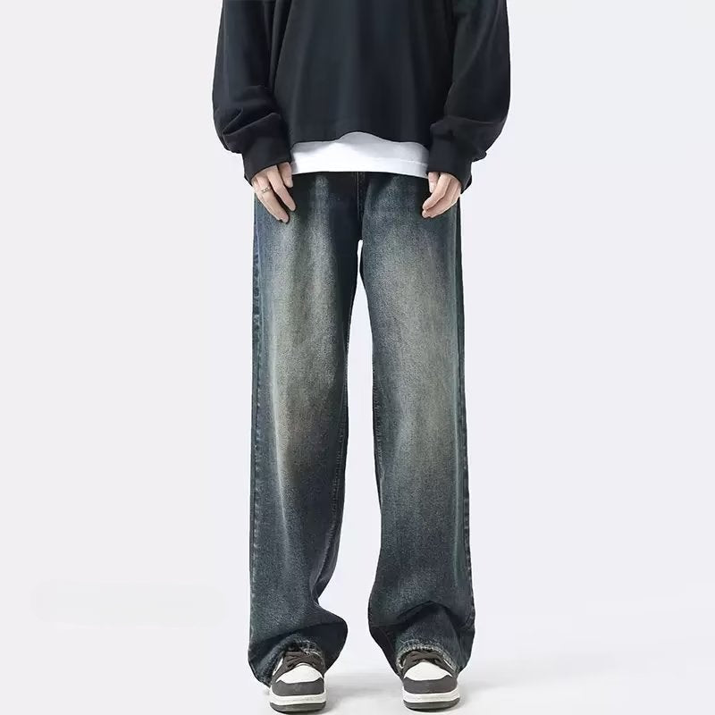 Men Jeans Summer Retro Casual Pants Washed Loose Straight-Leg Wide-Leg Pants