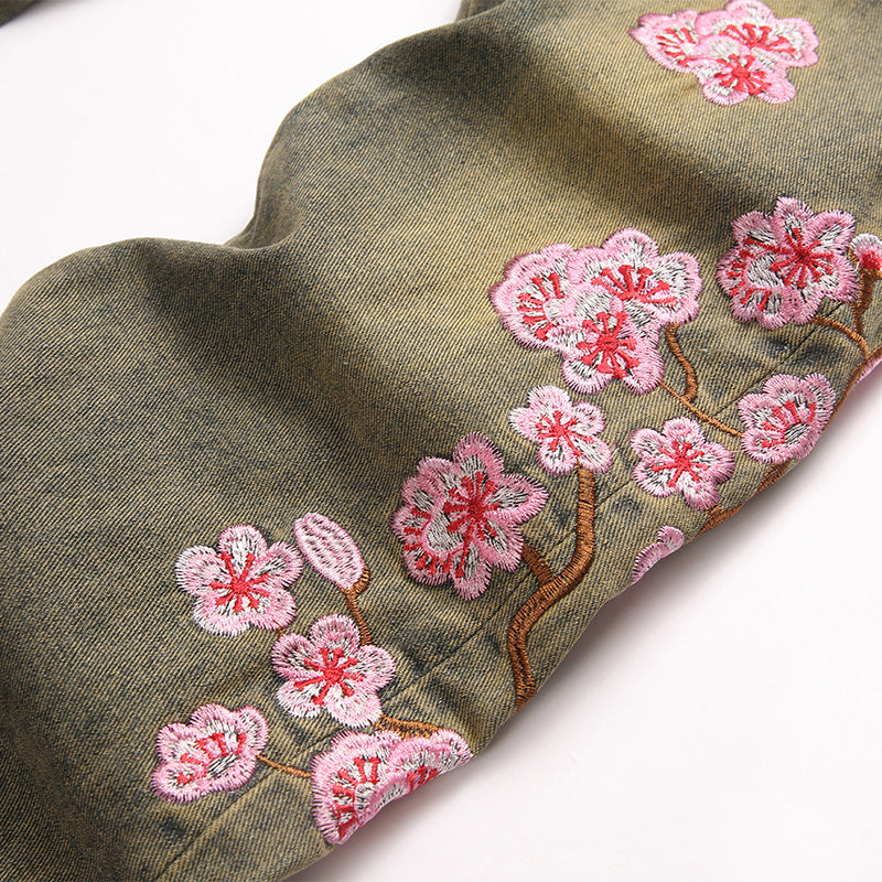 Mens Fashion Jeans Pink cherry blossom embroidery 5719#