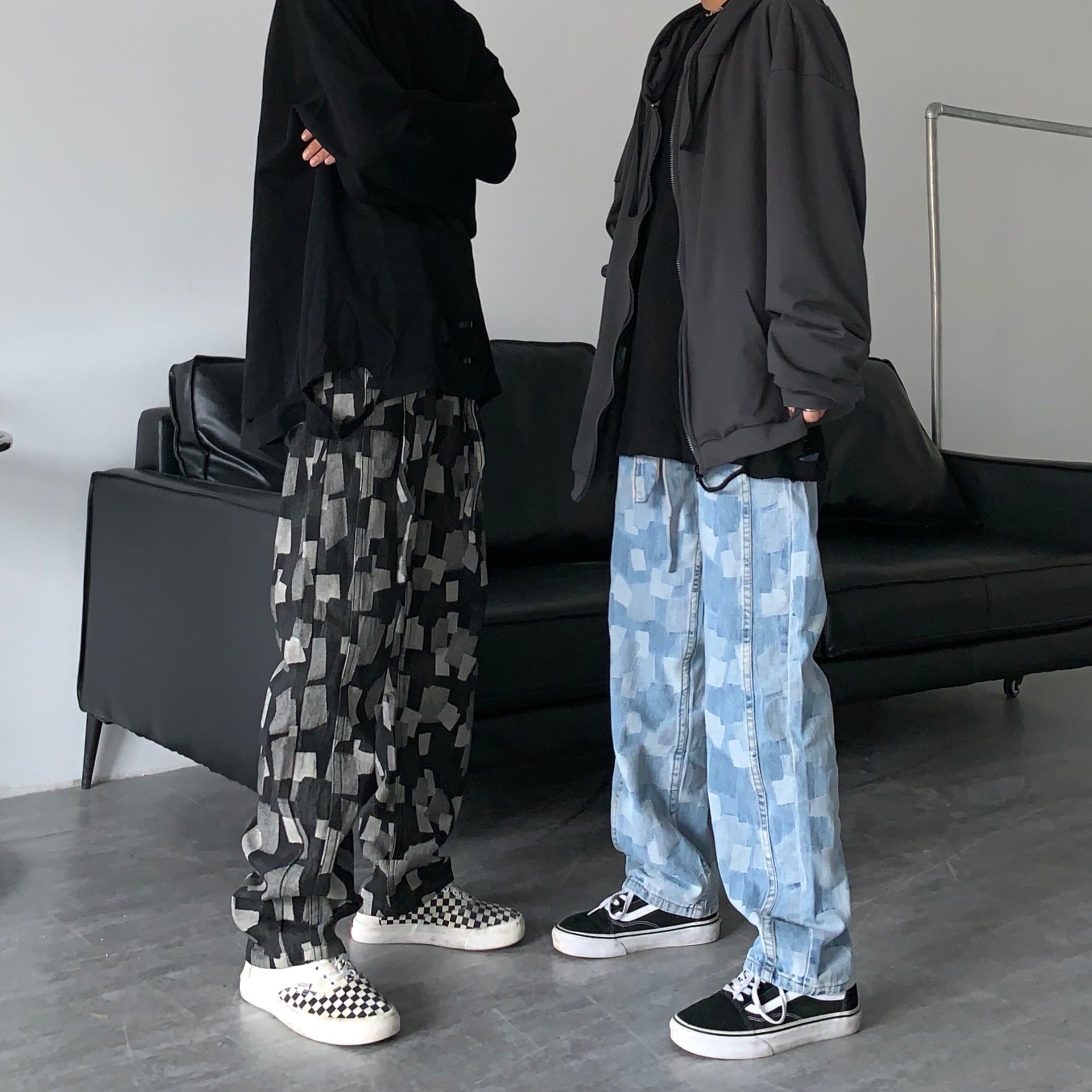 Men Jeans Straight Wide-Leg Pants Casual Loose Washed-out Denim Trousers