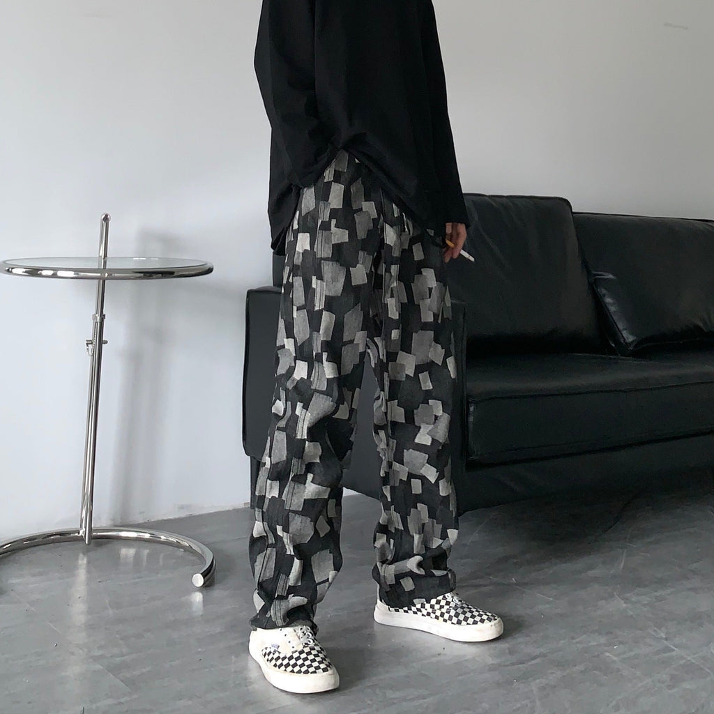 Men Jeans Straight Wide-Leg Pants Casual Loose Washed-out Denim Trousers