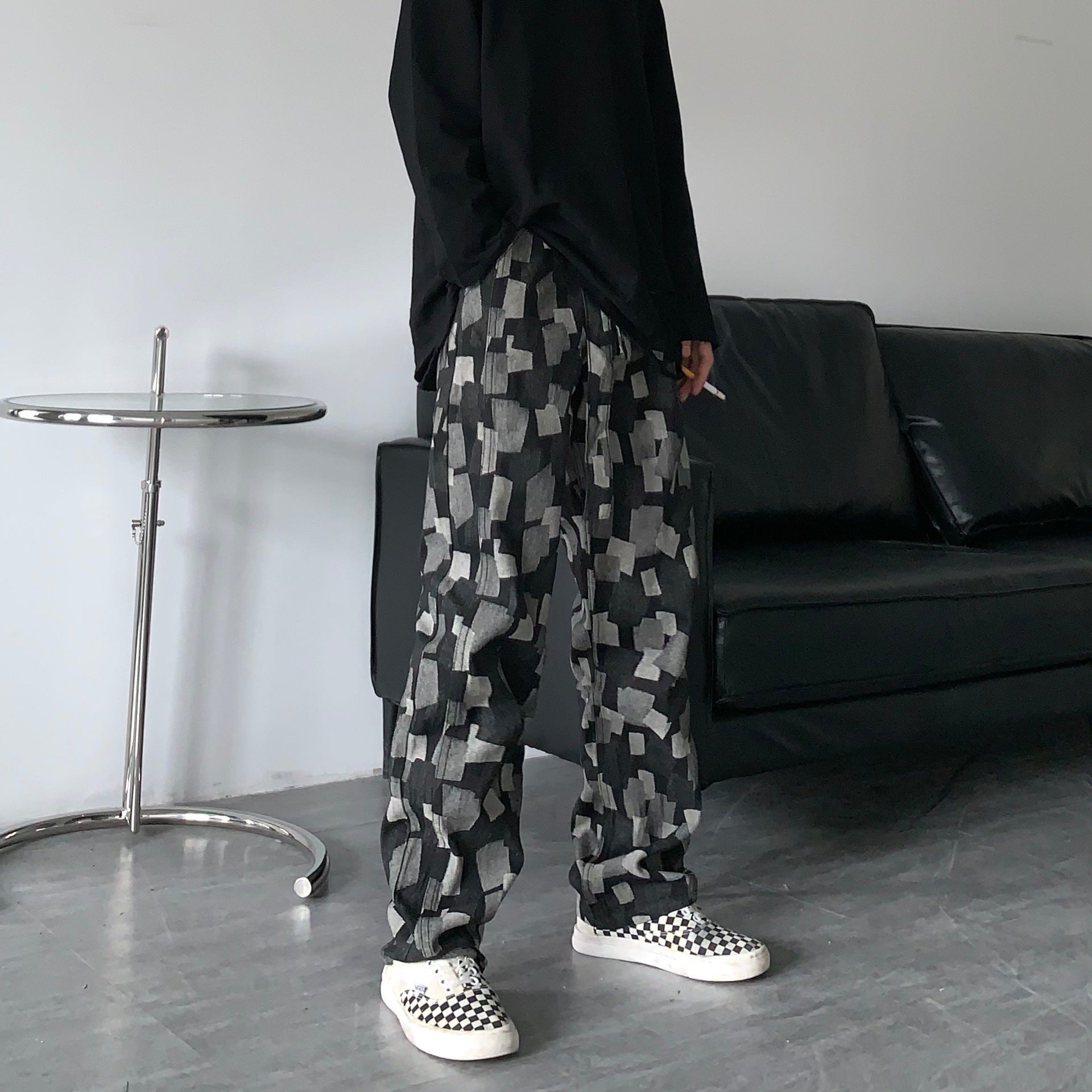 Men Jeans Straight Wide-Leg Pants Casual Loose Washed-out Denim Trousers