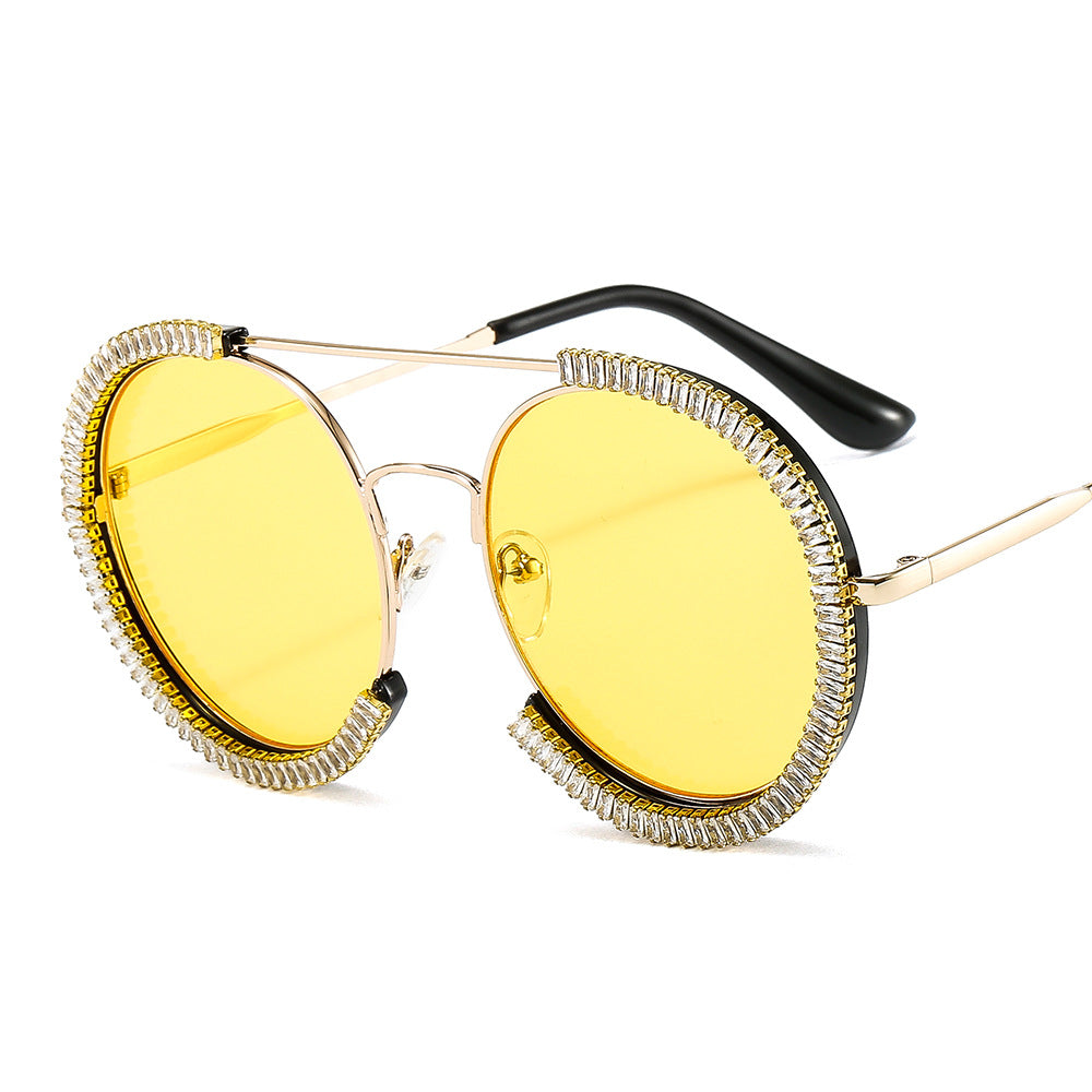 Trendy punk glasses diamond round frame uv protection