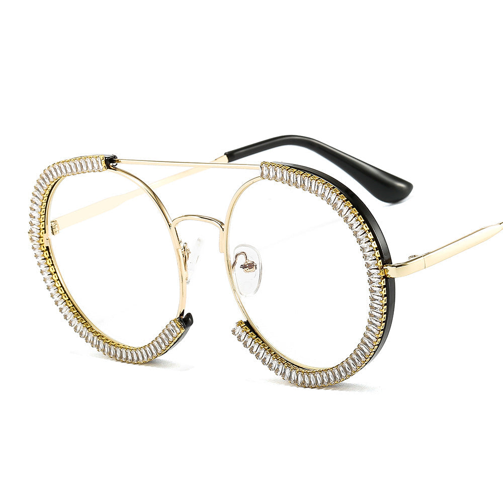 Trendy punk glasses diamond round frame uv protection