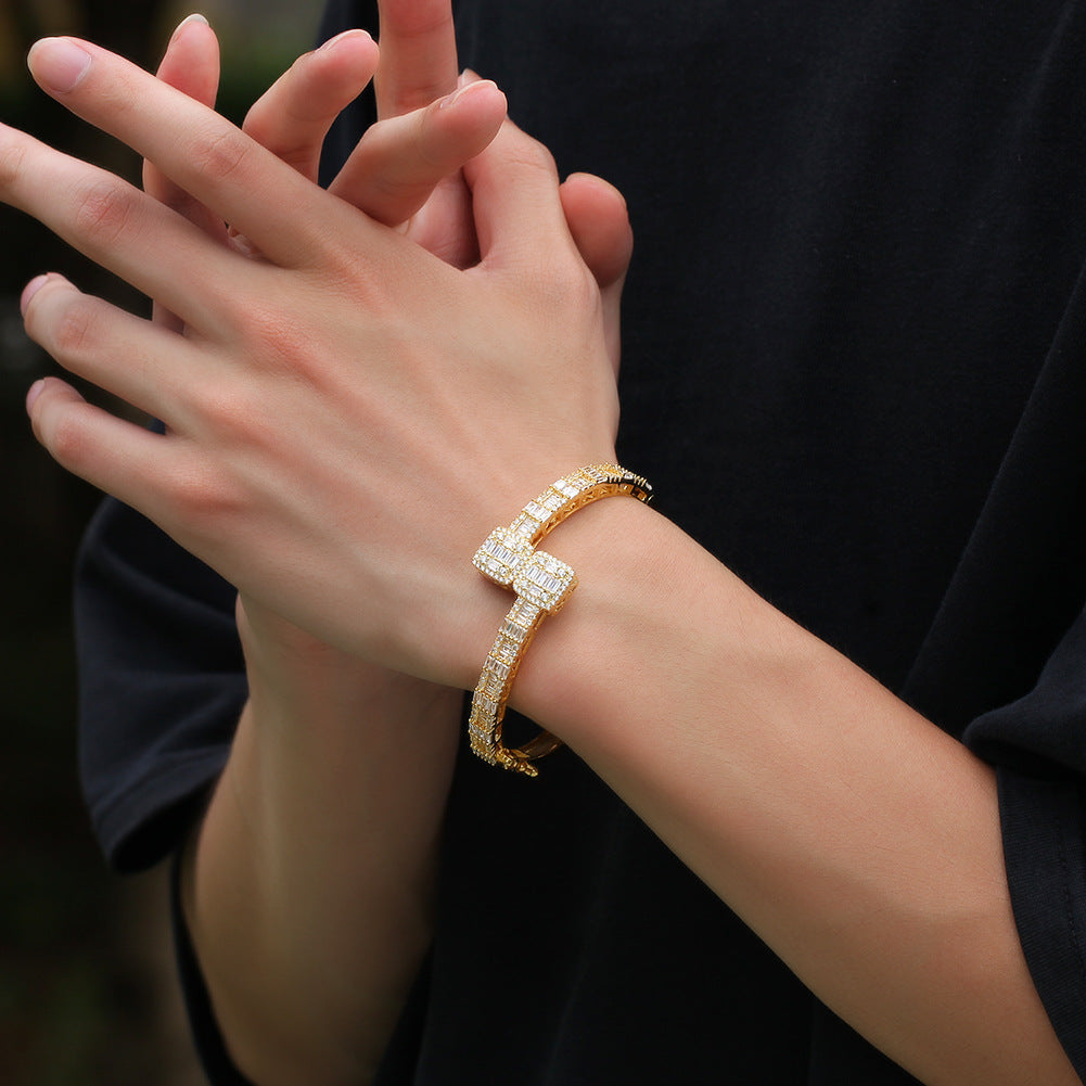 Bracelet HiphopT Square Zirconium Men's Bracelet Gold Plated ins St. Valentine's