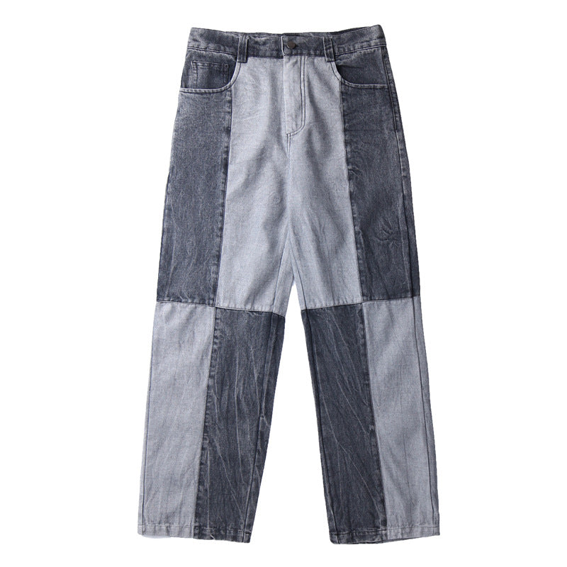 Men Jeans Washed Old Baggy Straight Trousers Contrast Color Tie-Dye Denim Trousers