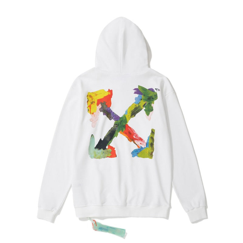 OW  hoodie Multicolored Leaf Arrow Pattern Crew Neck Hoodie