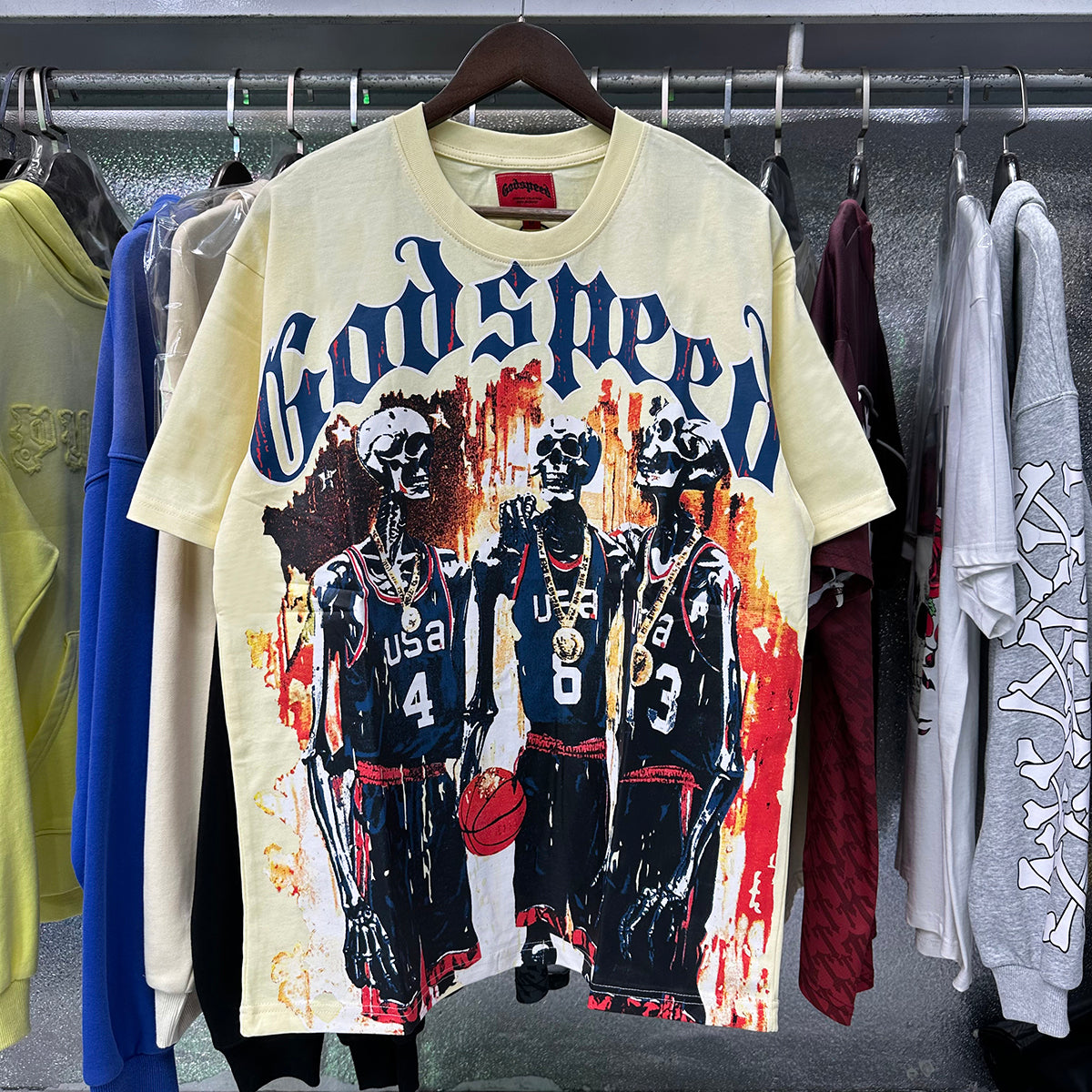 Godspeed t Shirts Basketball Dream Team Trident Print Cotton Casual Short Sleeve Men and Women
