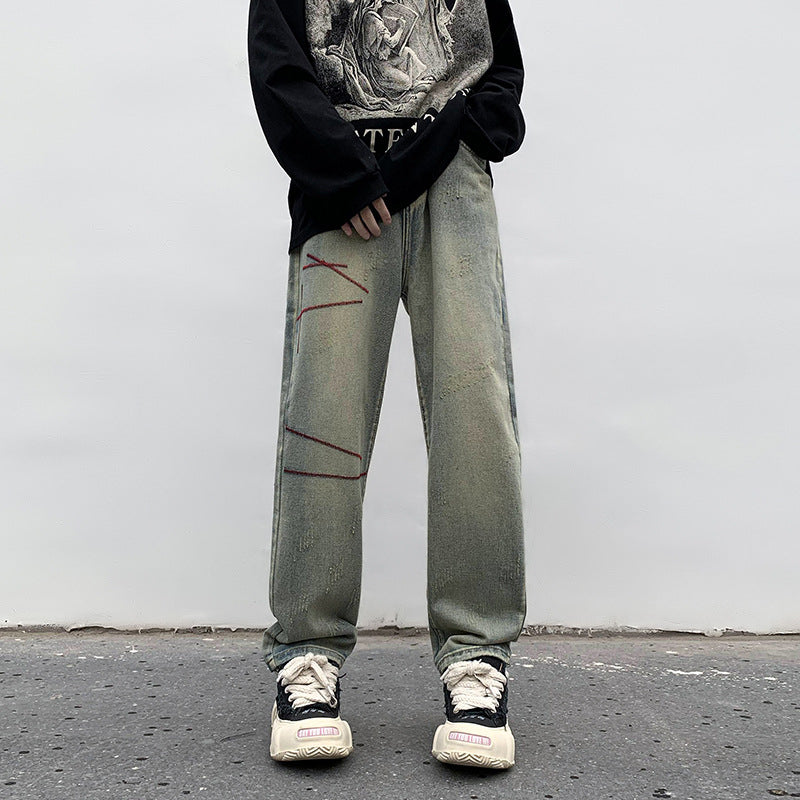 Men Jeans Washed Jeans Men's Winter Retro Straight-Leg Pants