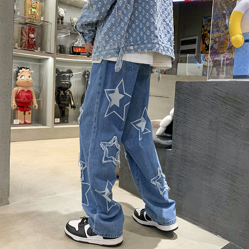 Men Jeans Embroidered Jeans Men's Winter Loose Five-Pointed Star Straight Wide-Leg Pants