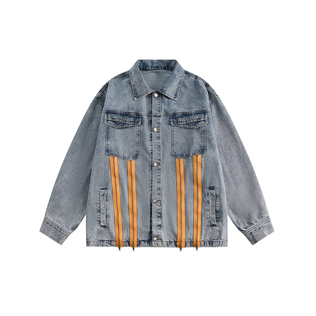 Unisex Jacket Retro Washed Denim Jacket Zipper Men and Women Loose Overalls
