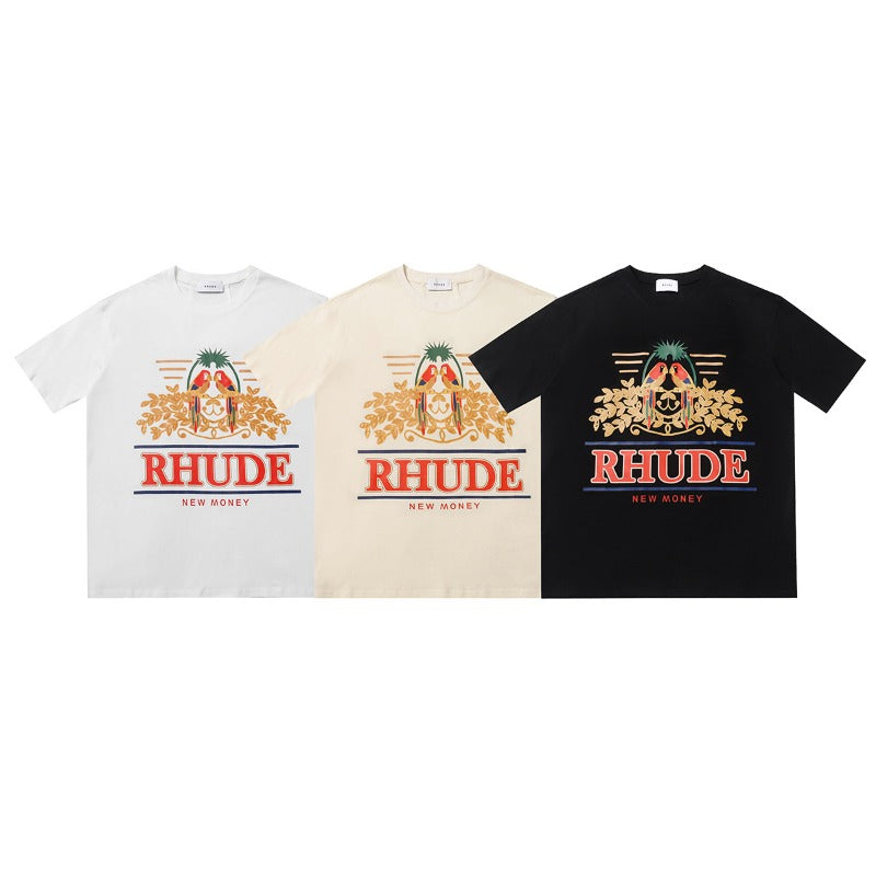 Rhude T Shirt Parrot Wheat Ear Letter Print Short Sleeve T-Shirt