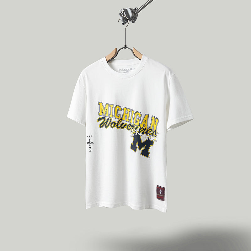 Travis Scott T Shirts x Mitchell x Ness Michigan Wolverines Hand-Drawn Short Sleeve