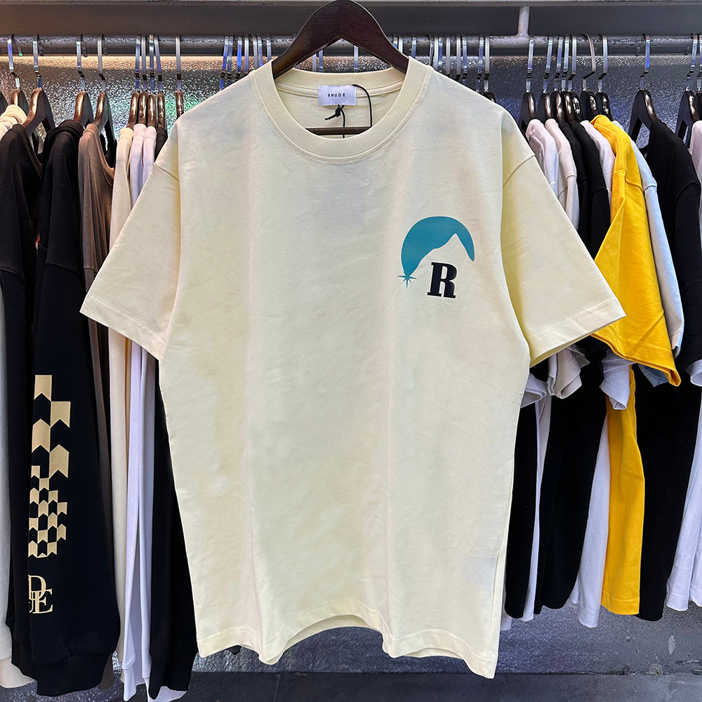 Rhude T Shirts Blue Sunset Print Cotton Casual Short Sleeve Men and Women