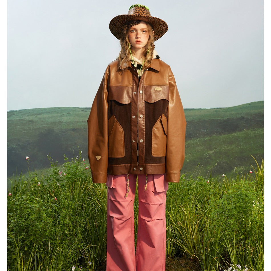 Unisex Jacket Loose Stitching PU Leather Jacket