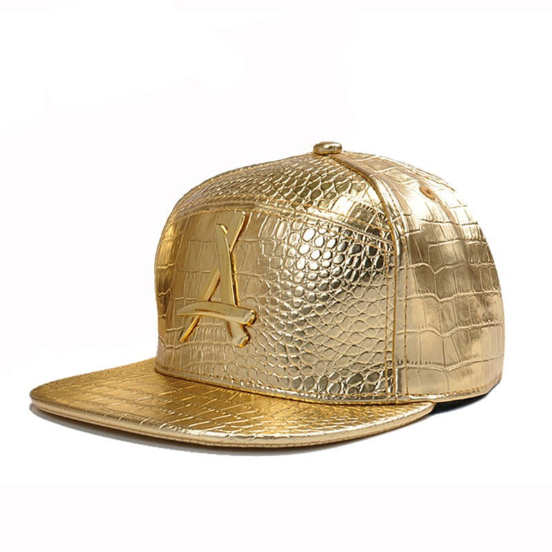 Trendy flat brimmed snapback hats gold leather adjustable visor